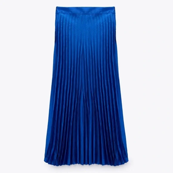 Zara Blue Satin Effect Pleated Midi Skirt - Picture 9 of 10